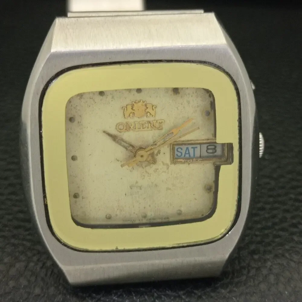 Vintage 1984 Square Orient Automatic Mens Silver Watch W/daydate & Gold accents